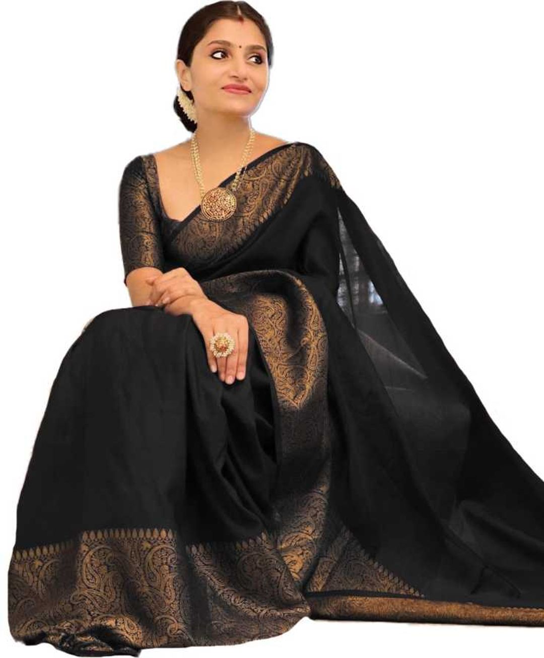 Black Banarasi Soft Silk Saree with Antique Gold Border
