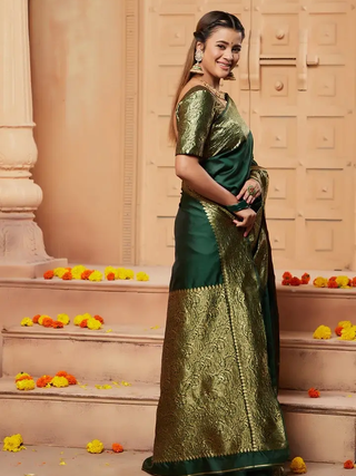 Bottle Green Banarasi Soft Silk Saree with Gold Brocade Border