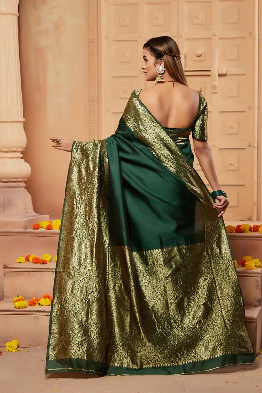Bottle Green Banarasi Soft Silk Saree with Gold Brocade Border