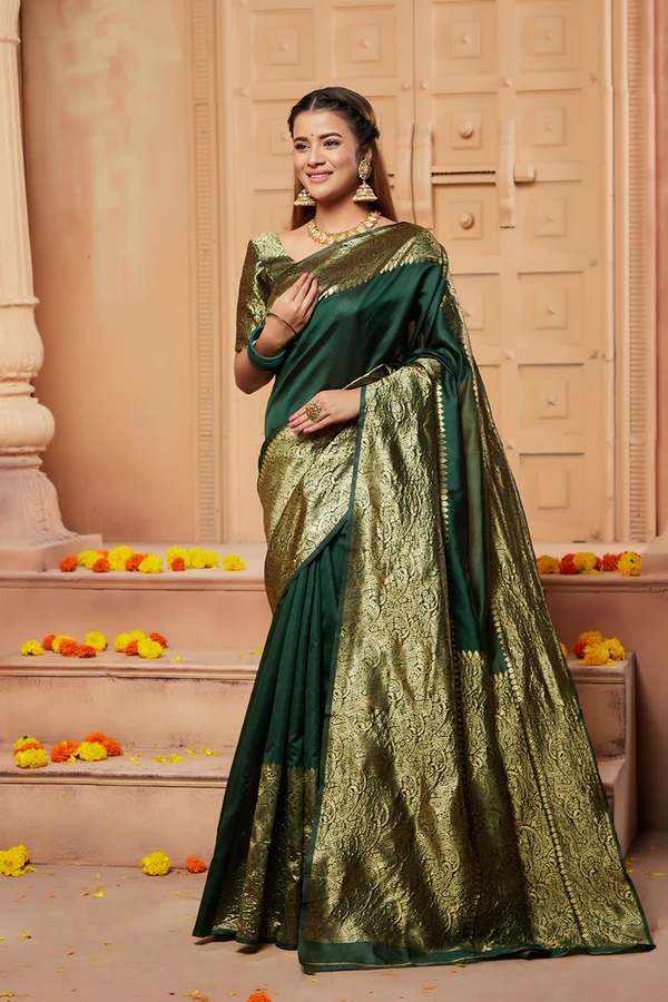 Bottle Green Banarasi Soft Silk Saree with Gold Brocade Border