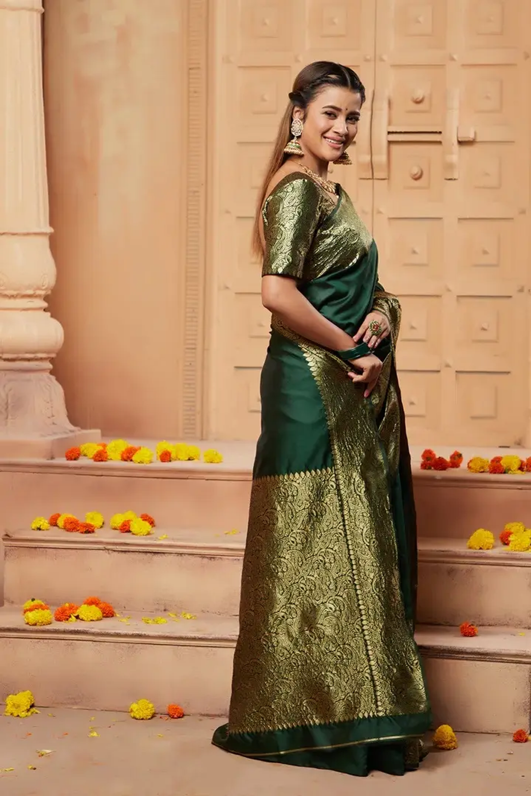 Bottle Green Banarasi Soft Silk Saree with Gold Brocade Border