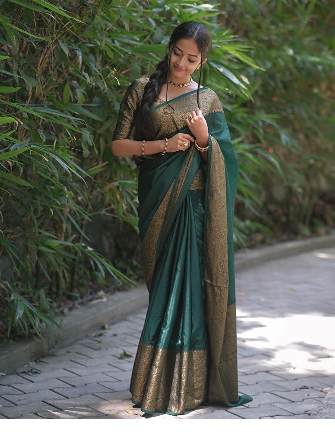Bottle Green Banarasi Soft Silk Saree with Gold Brocade Border