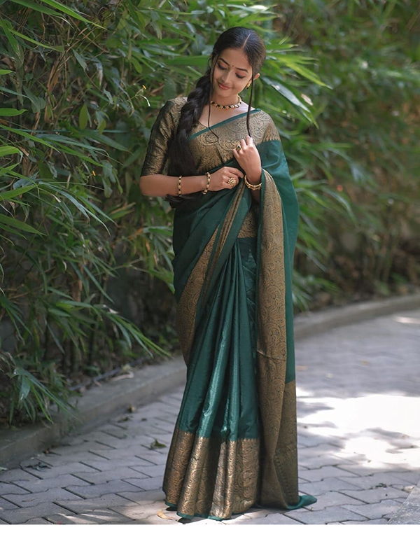 Bottle Green Banarasi Soft Silk Saree with Gold Brocade Border