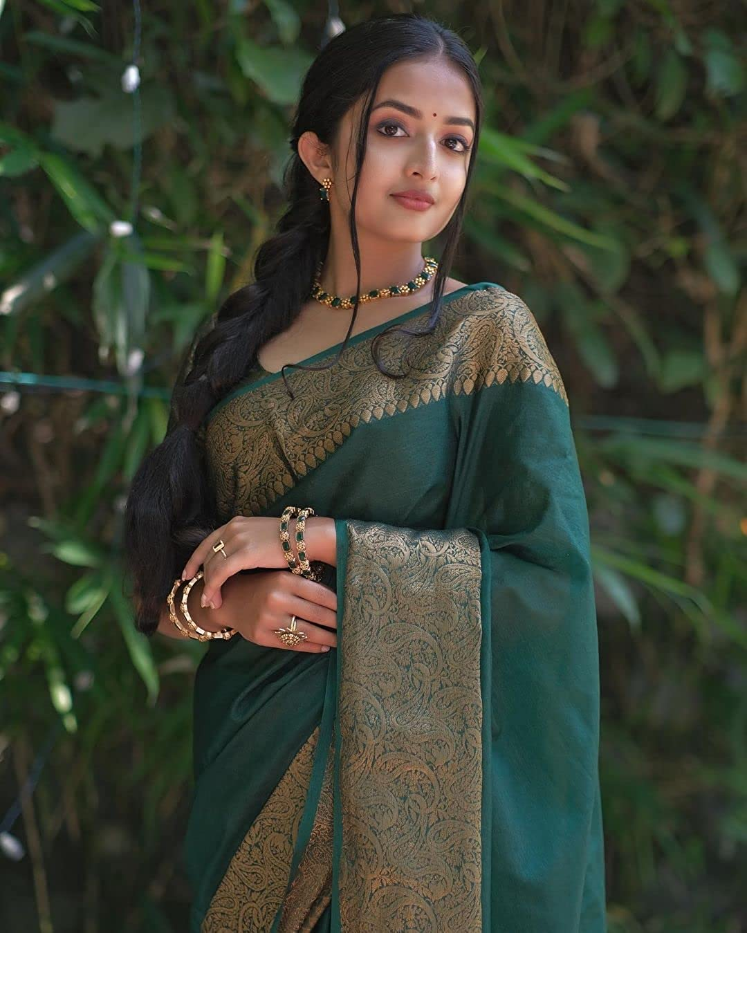 Bottle Green Banarasi Soft Silk Saree with Gold Brocade Border