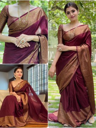 Wine Maroon Banarasi Soft Silk Saree with Golden Paisley Border
