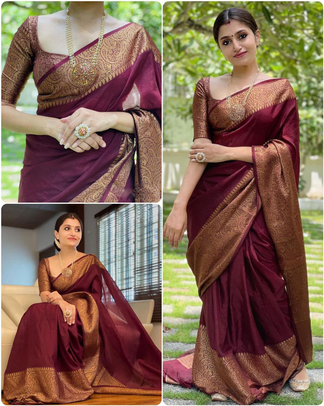 Wine Maroon Banarasi Soft Silk Saree with Golden Paisley Border