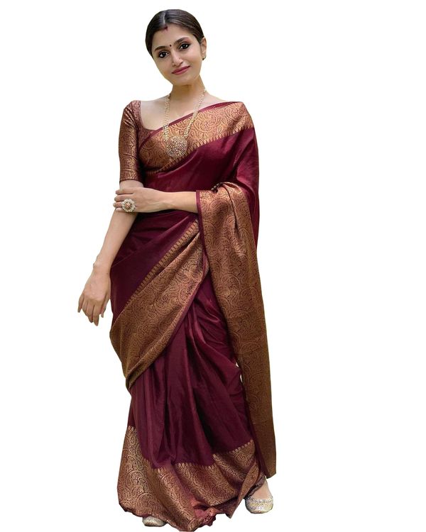 Wine Maroon Banarasi Soft Silk Saree with Golden Paisley Border