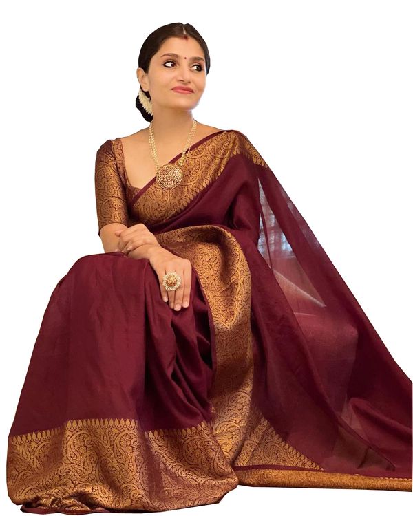 Wine Maroon Banarasi Soft Silk Saree with Golden Paisley Border