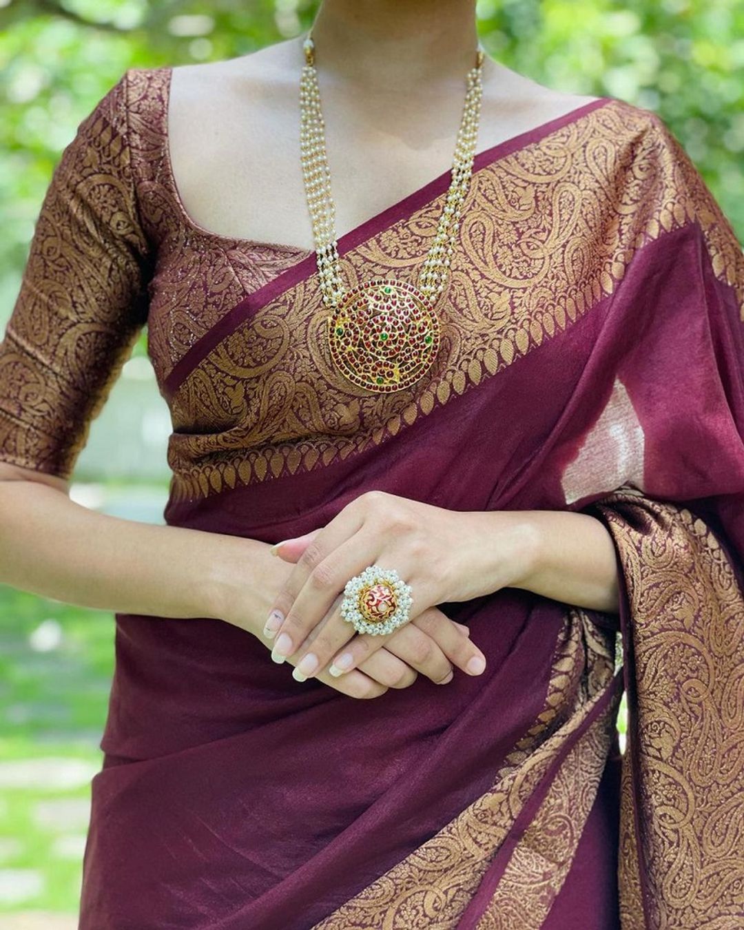 Wine Maroon Banarasi Soft Silk Saree with Golden Paisley Border