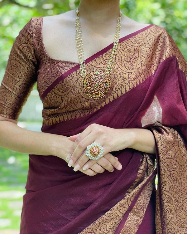 Wine Maroon Banarasi Soft Silk Saree with Golden Paisley Border