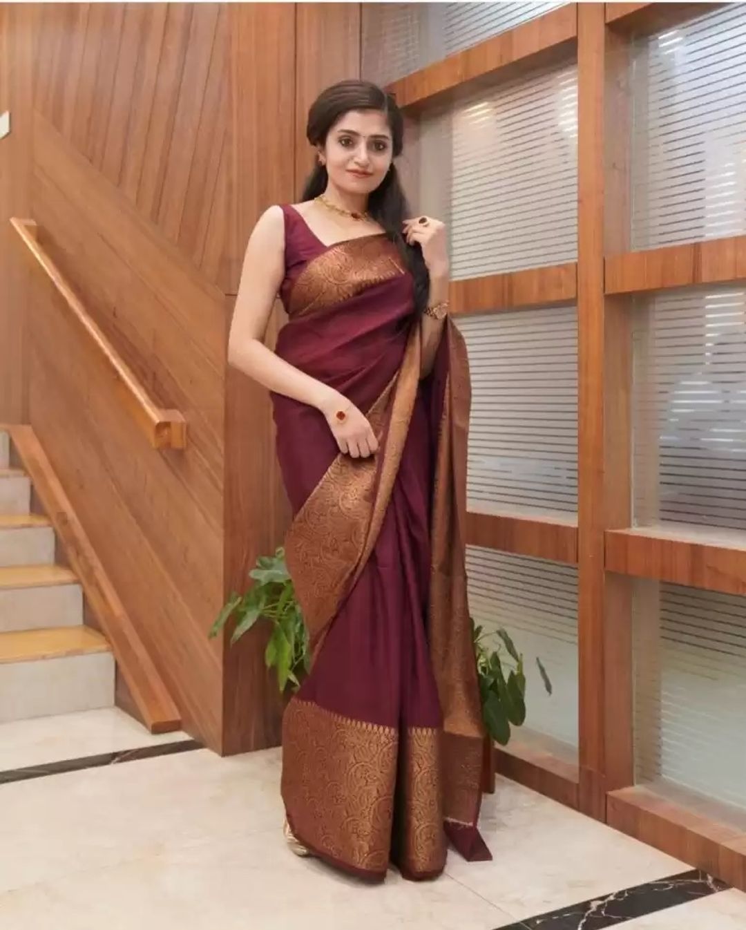Wine Maroon Banarasi Soft Silk Saree with Golden Paisley Border