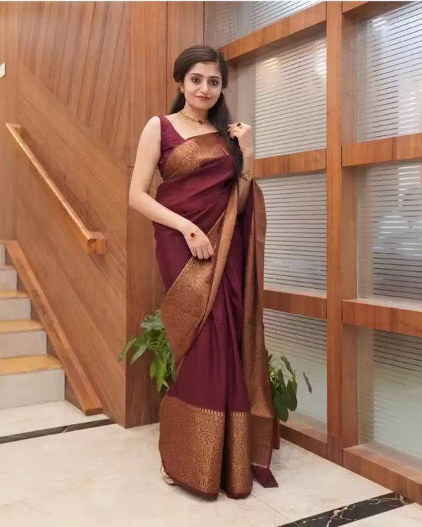 Wine Maroon Banarasi Soft Silk Saree with Golden Paisley Border