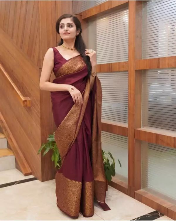 Wine Maroon Banarasi Soft Silk Saree with Golden Paisley Border