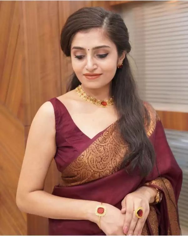 Wine Maroon Banarasi Soft Silk Saree with Golden Paisley Border