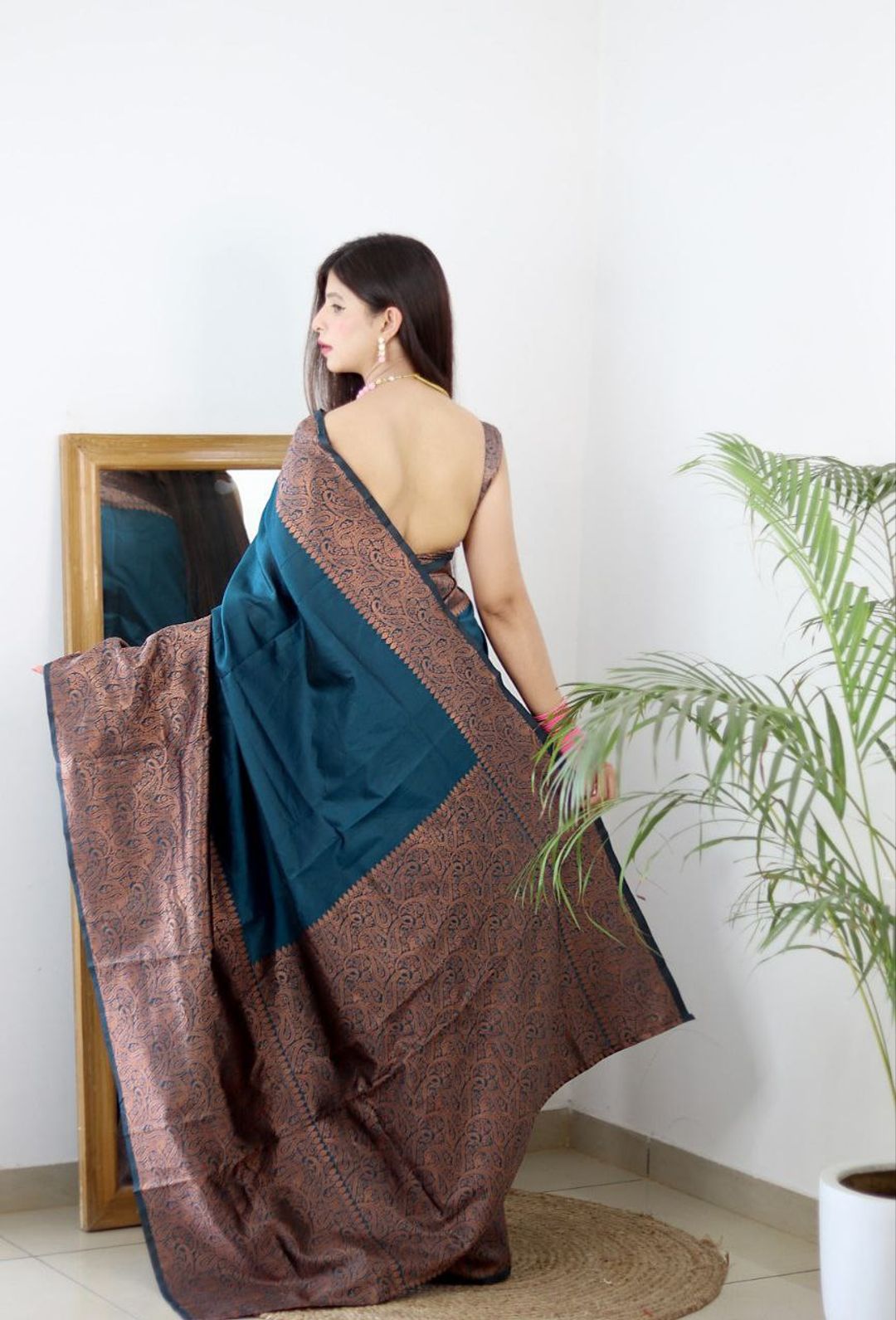 Teal Blue Banarasi Soft Silk Saree with Copper Gold Border