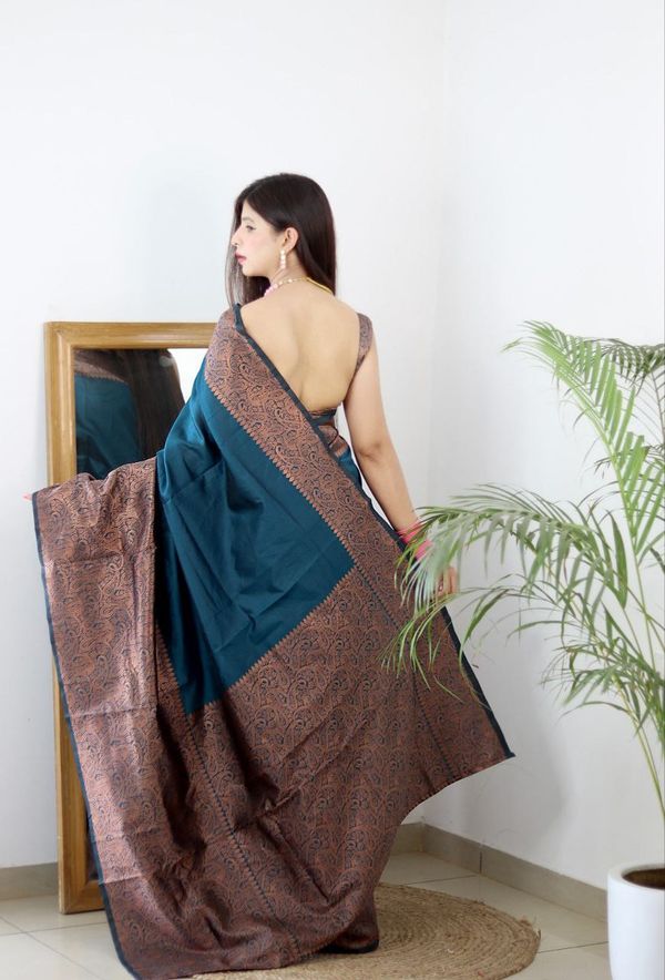 Teal Blue Banarasi Soft Silk Saree with Copper Gold Border