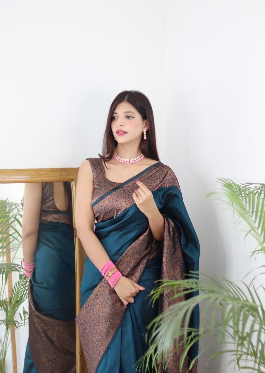 Teal Blue Banarasi Soft Silk Saree with Copper Gold Border