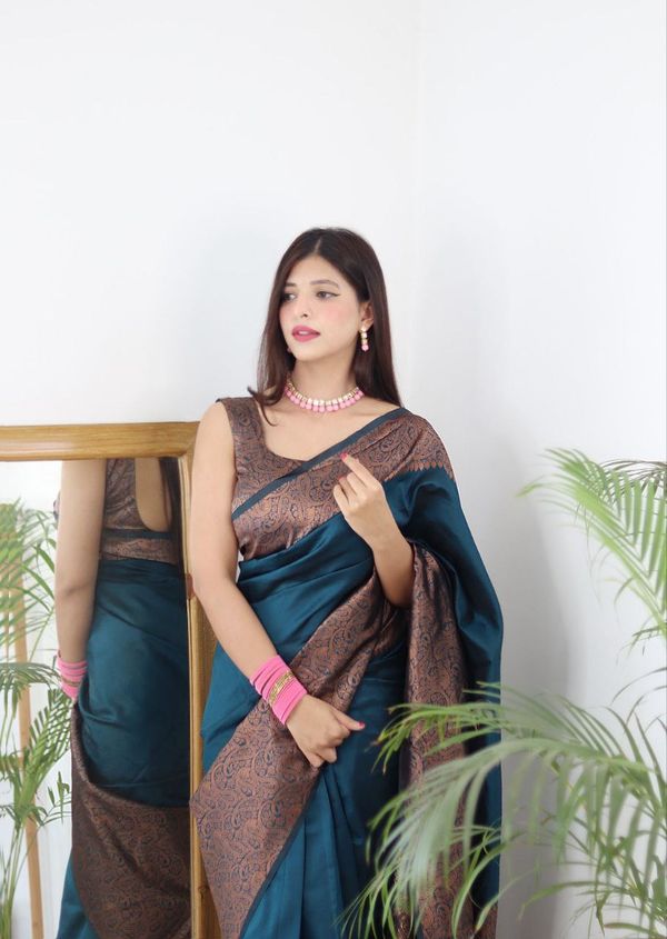 Teal Blue Banarasi Soft Silk Saree with Copper Gold Border