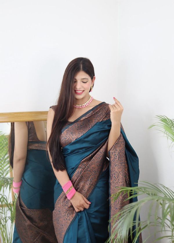 Teal Blue Banarasi Soft Silk Saree with Copper Gold Border