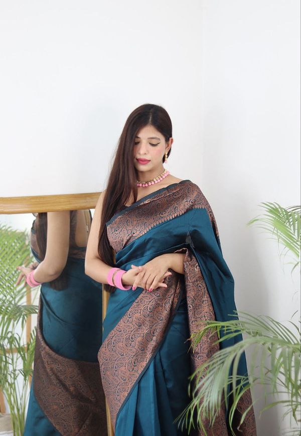 Teal Blue Banarasi Soft Silk Saree with Copper Gold Border