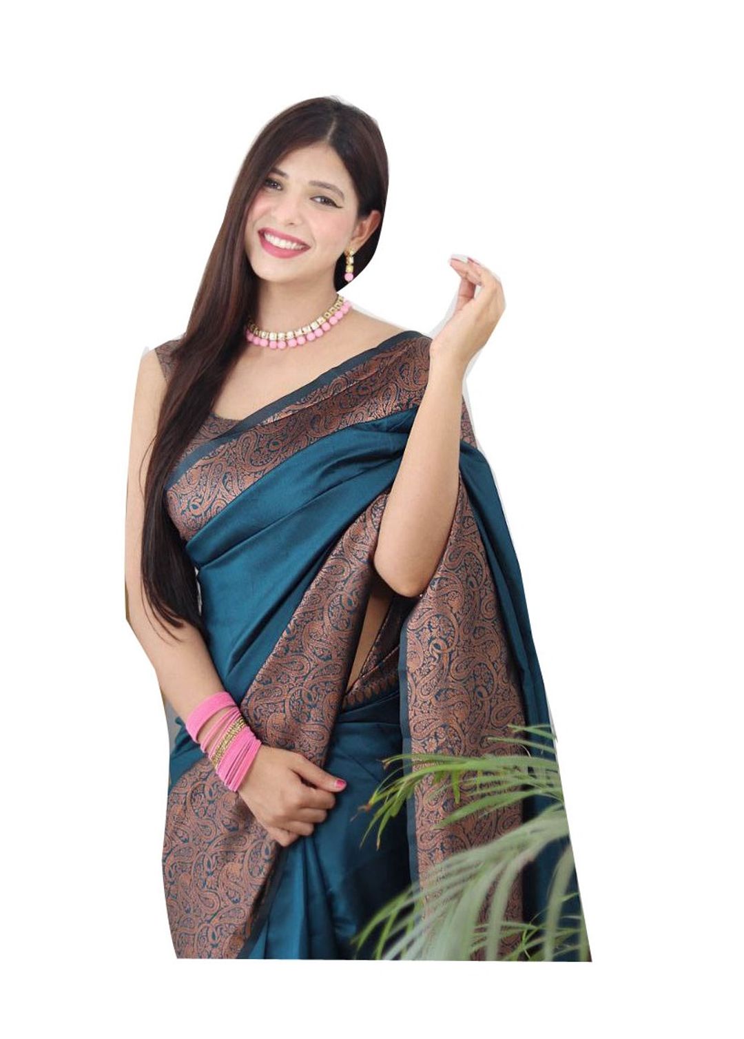 Teal Blue Banarasi Soft Silk Saree with Copper Gold Border
