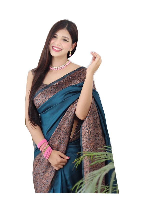 Teal Blue Banarasi Soft Silk Saree with Copper Gold Border