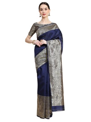 Navy Blue Banarasi Soft Silk Saree with Ornate Gold Border