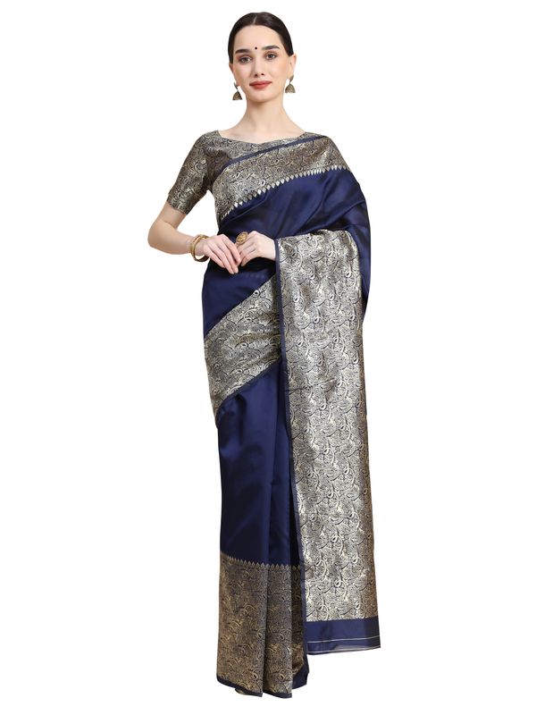 Navy Blue Banarasi Soft Silk Saree with Ornate Gold Border