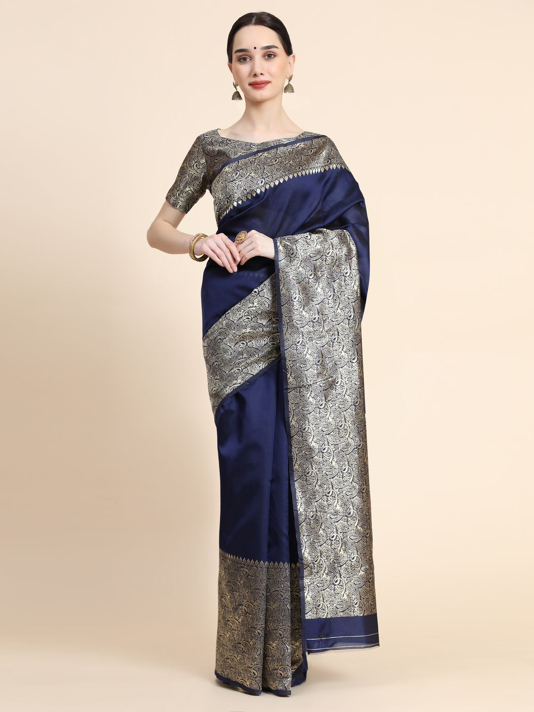 Navy Blue Banarasi Soft Silk Saree with Ornate Gold Border