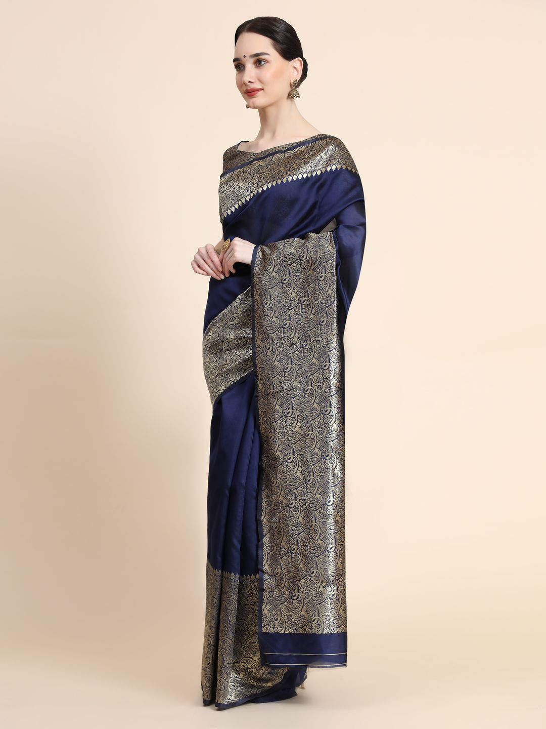 Navy Blue Banarasi Soft Silk Saree with Ornate Gold Border