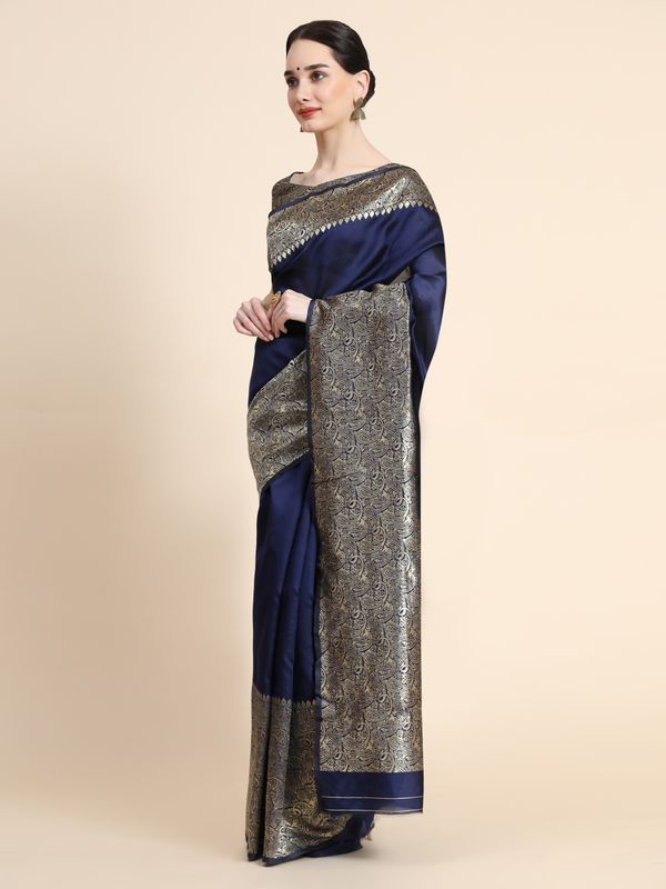 Navy Blue Banarasi Soft Silk Saree with Ornate Gold Border