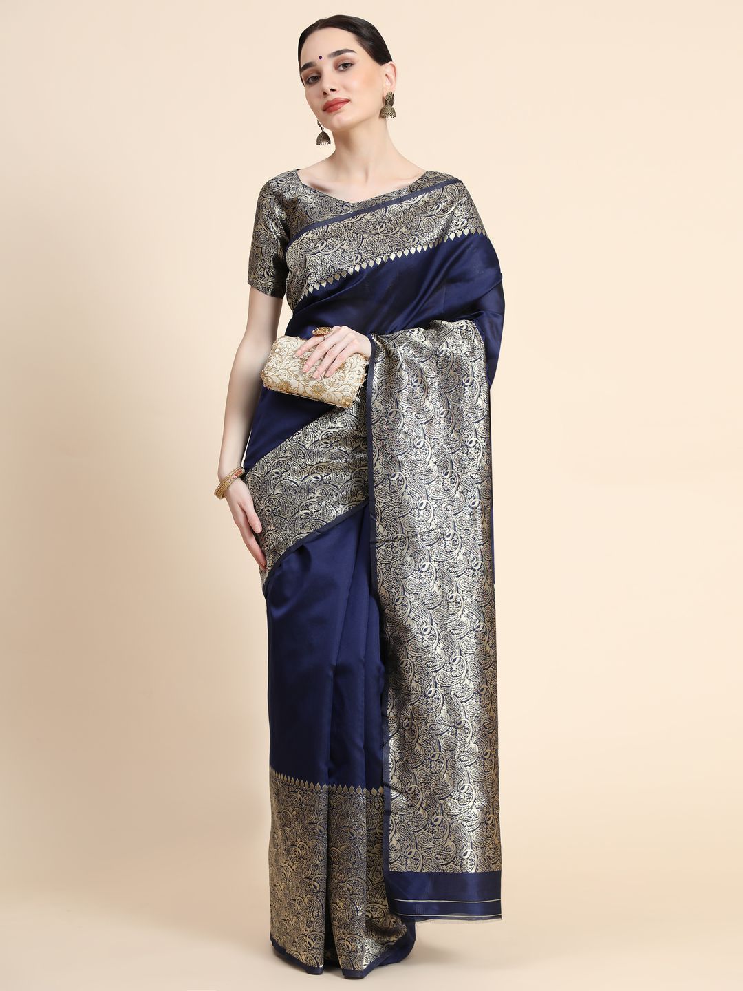 Navy Blue Banarasi Soft Silk Saree with Ornate Gold Border