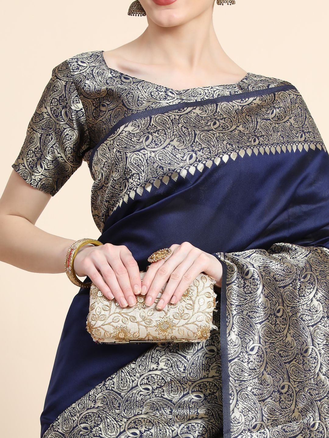 Navy Blue Banarasi Soft Silk Saree with Ornate Gold Border