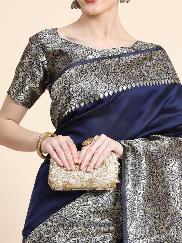 Navy Blue Banarasi Soft Silk Saree with Ornate Gold Border