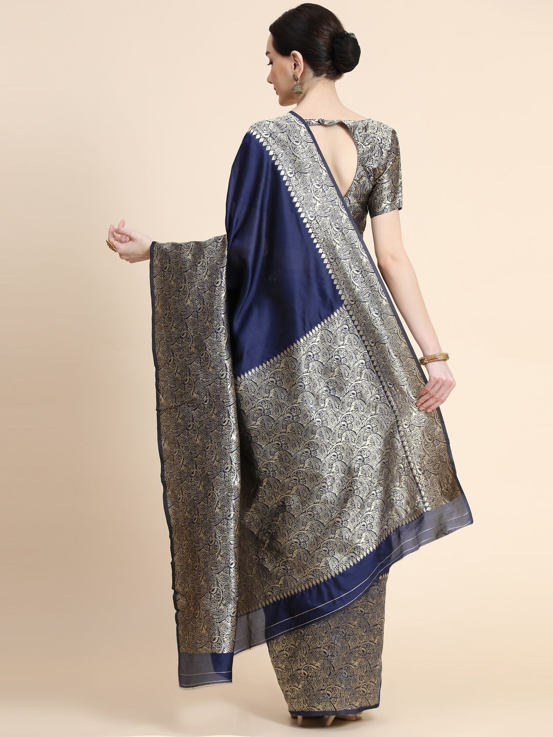 Navy Blue Banarasi Soft Silk Saree with Ornate Gold Border