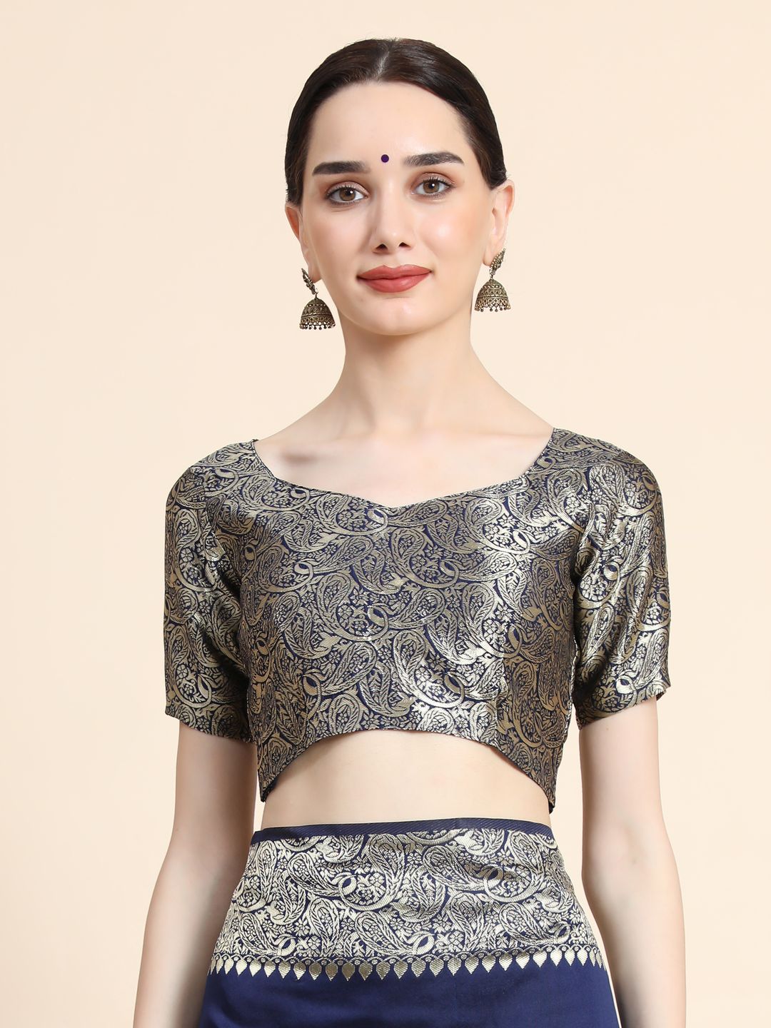 Navy Blue Banarasi Soft Silk Saree with Ornate Gold Border