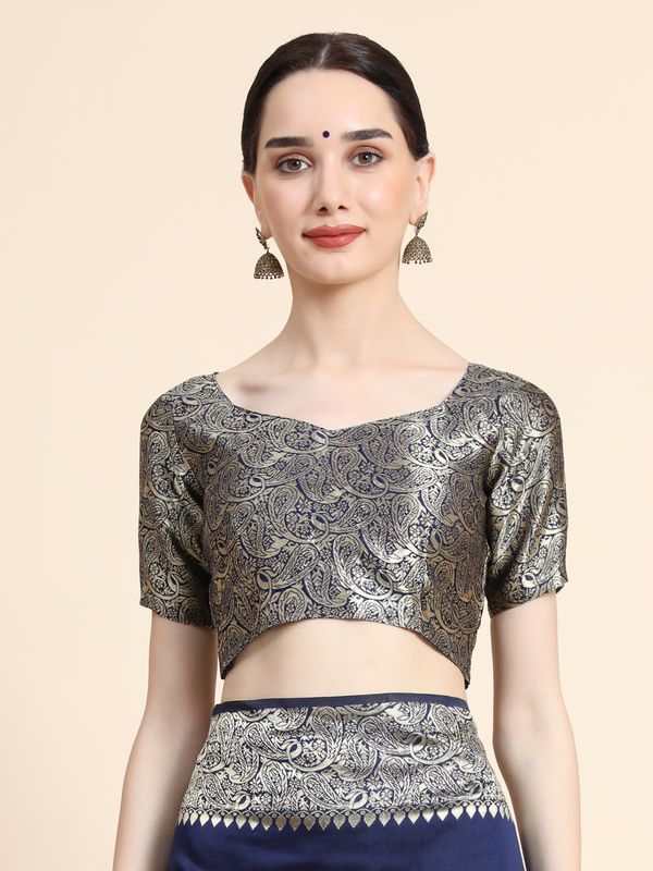 Navy Blue Banarasi Soft Silk Saree with Ornate Gold Border
