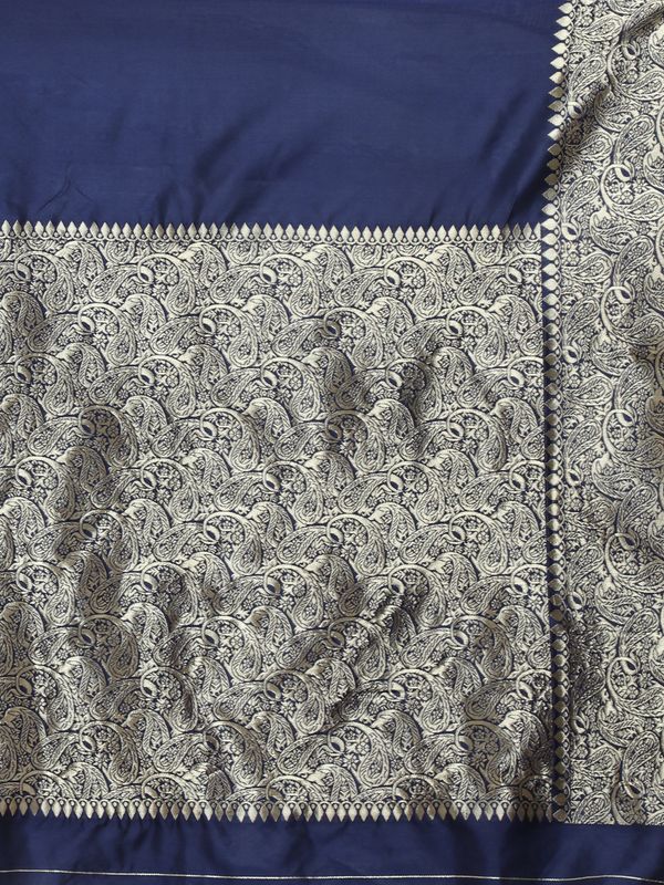 Navy Blue Banarasi Soft Silk Saree with Ornate Gold Border