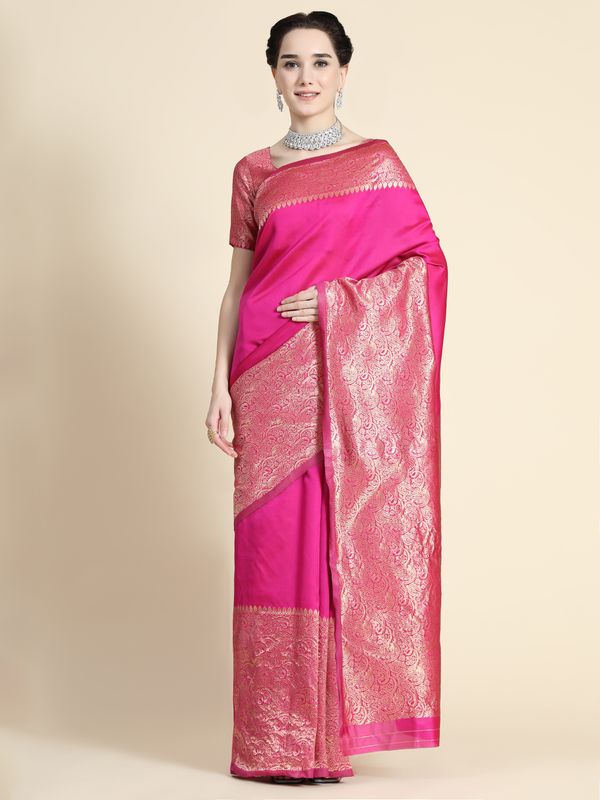 Rani Pink Banarasi Soft Silk Saree with Golden Paisley Border