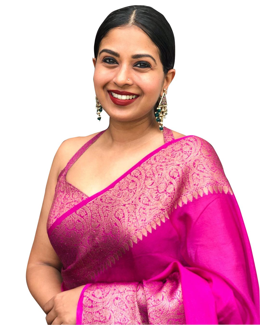 Rani Pink Banarasi Soft Silk Saree with Golden Paisley Border