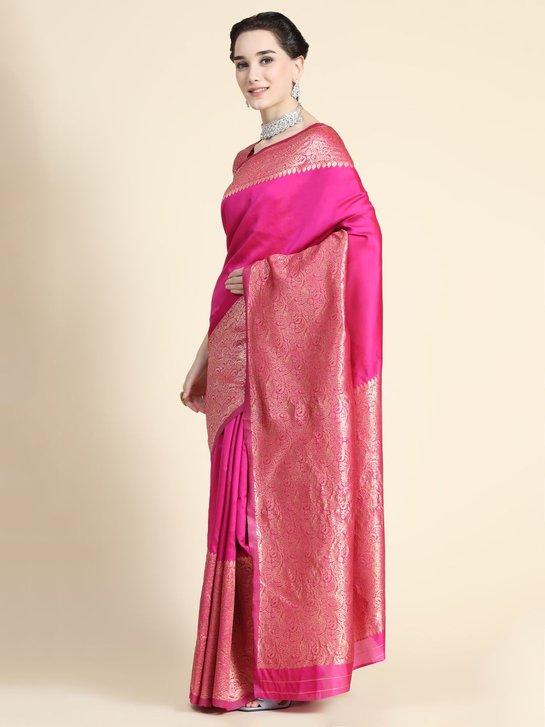Rani Pink Banarasi Soft Silk Saree with Golden Paisley Border