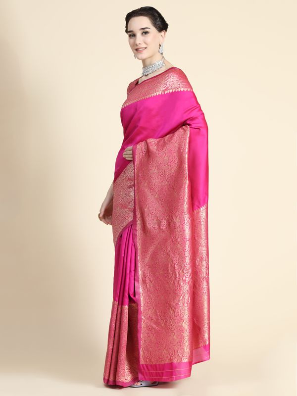 Rani Pink Banarasi Soft Silk Saree with Golden Paisley Border