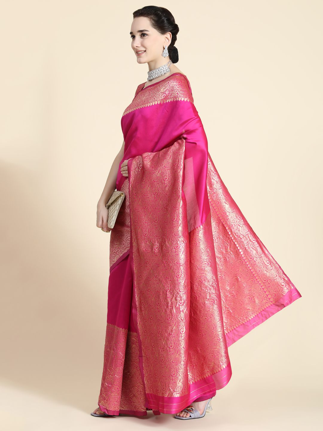 Rani Pink Banarasi Soft Silk Saree with Golden Paisley Border