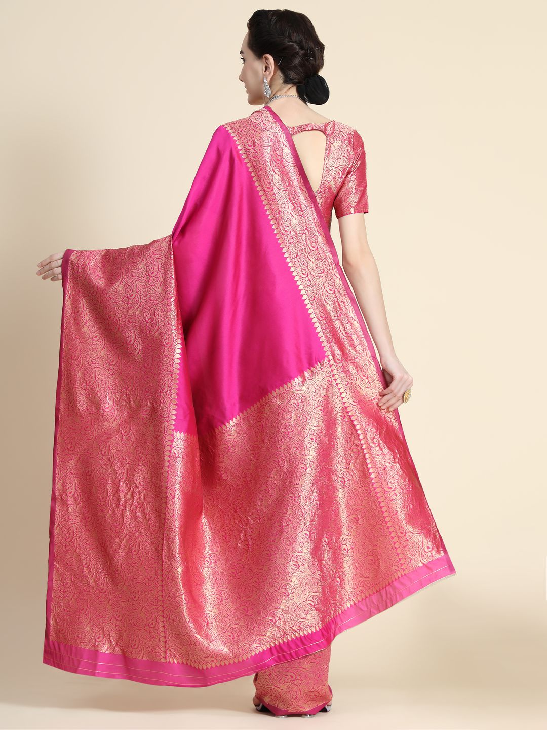Rani Pink Banarasi Soft Silk Saree with Golden Paisley Border