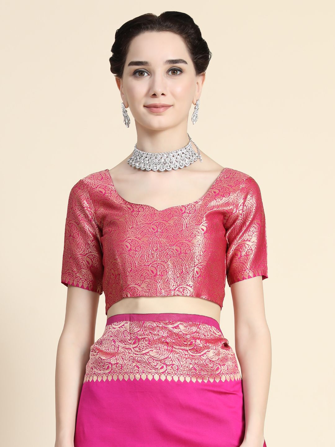 Rani Pink Banarasi Soft Silk Saree with Golden Paisley Border