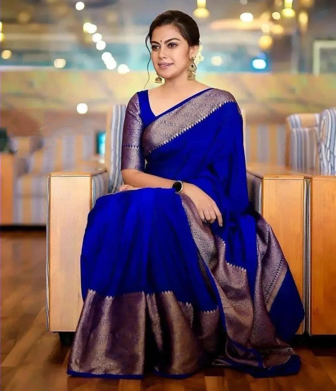 Royal Blue Banarasi Soft Silk Saree with Silver Gold Paisley Border
