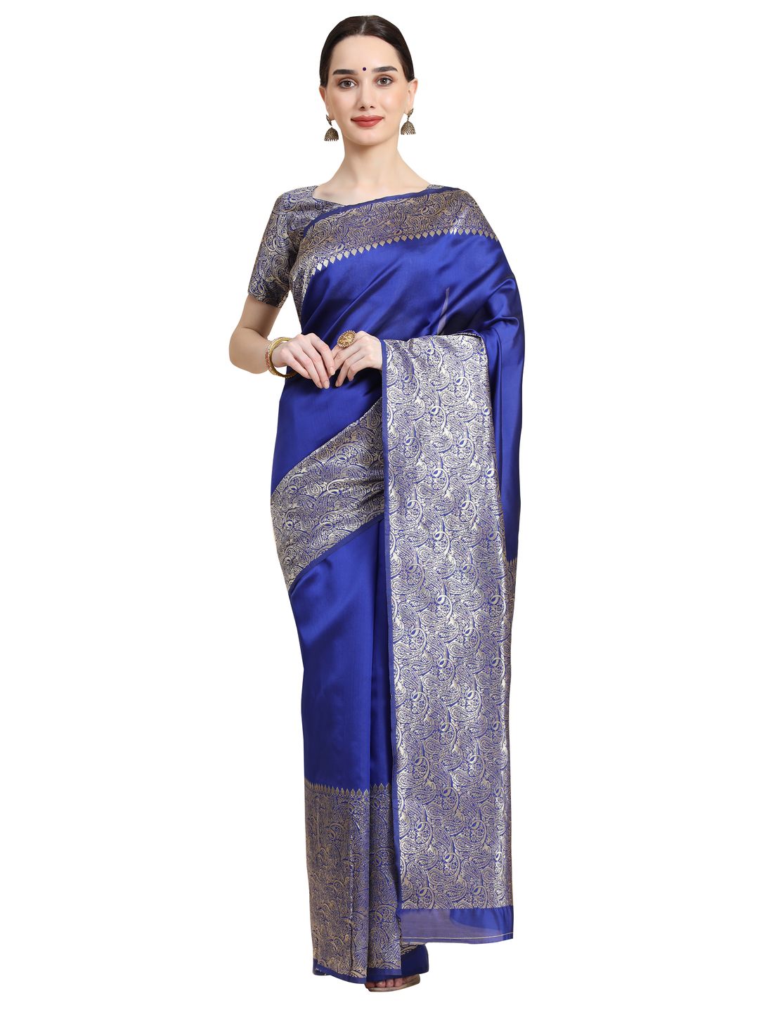Royal Blue Banarasi Soft Silk Saree with Silver Gold Paisley Border