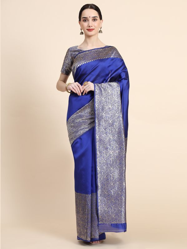 Royal Blue Banarasi Soft Silk Saree with Silver Gold Paisley Border