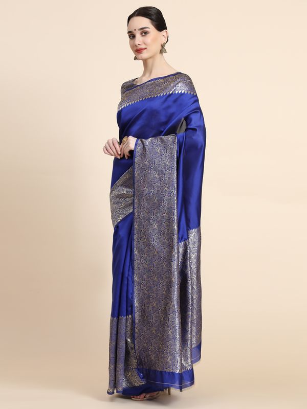 Royal Blue Banarasi Soft Silk Saree with Silver Gold Paisley Border