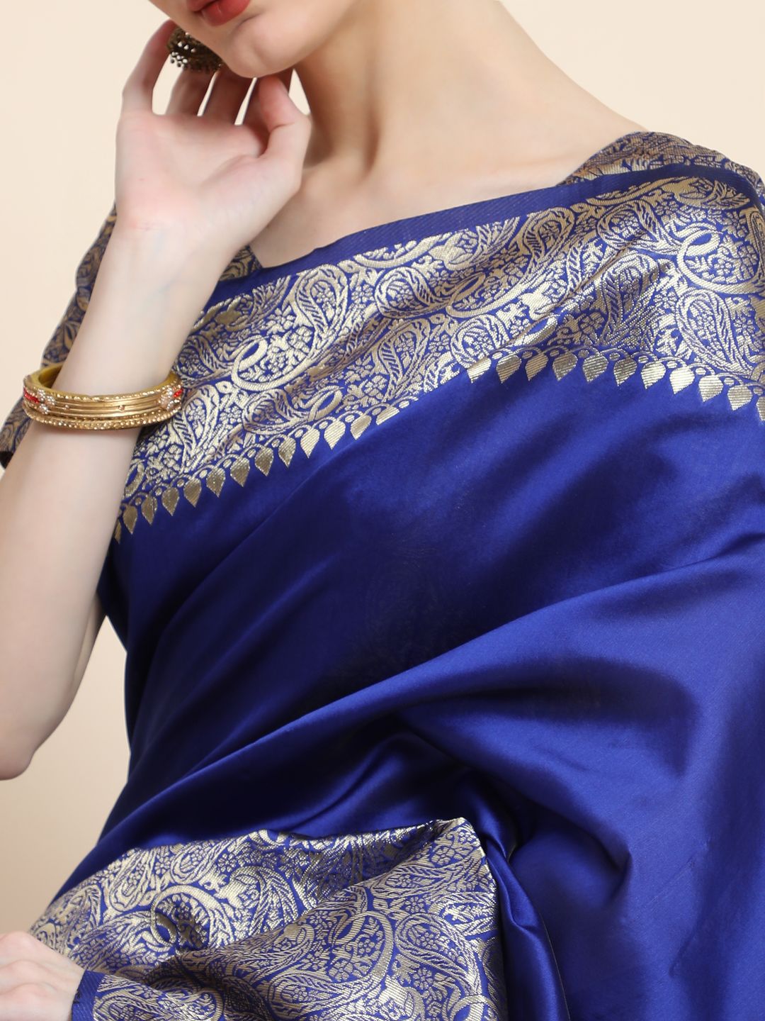Royal Blue Banarasi Soft Silk Saree with Silver Gold Paisley Border